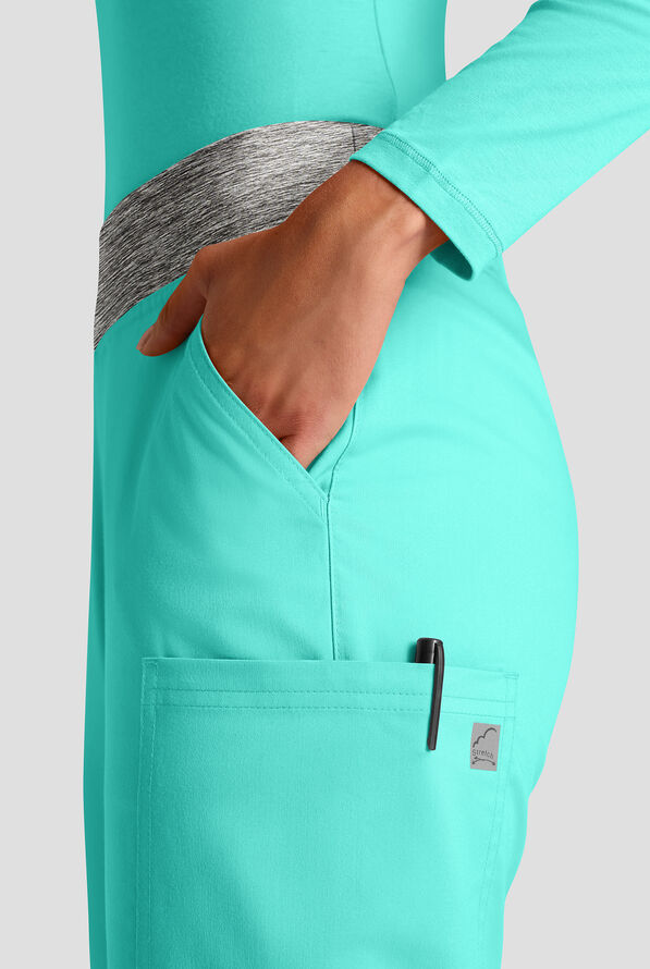 Butter-Soft STRETCH Women's 4-Pocket Knit Waistband Yoga Scrub Pants - Aqua Dust / Silver Melange - 4