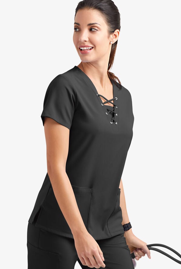 Easy STRETCH Gisele Women's 4-Pocket Lace Up V-Neck Scrub Top - Onyx Black - 3