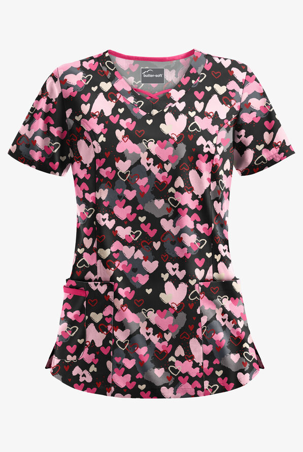 Blusa m&eacute;dica estampada Butter-Soft Love Black con detalle entrecruzado y 3 bolsillos para mujer - null - 1