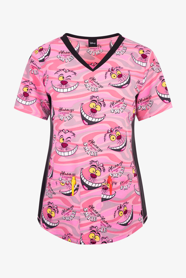 Tooniforms Disney's Cheshire Smile Women's 2-Pocket STRETCH V-Neck Print Scrub Top - null - 1