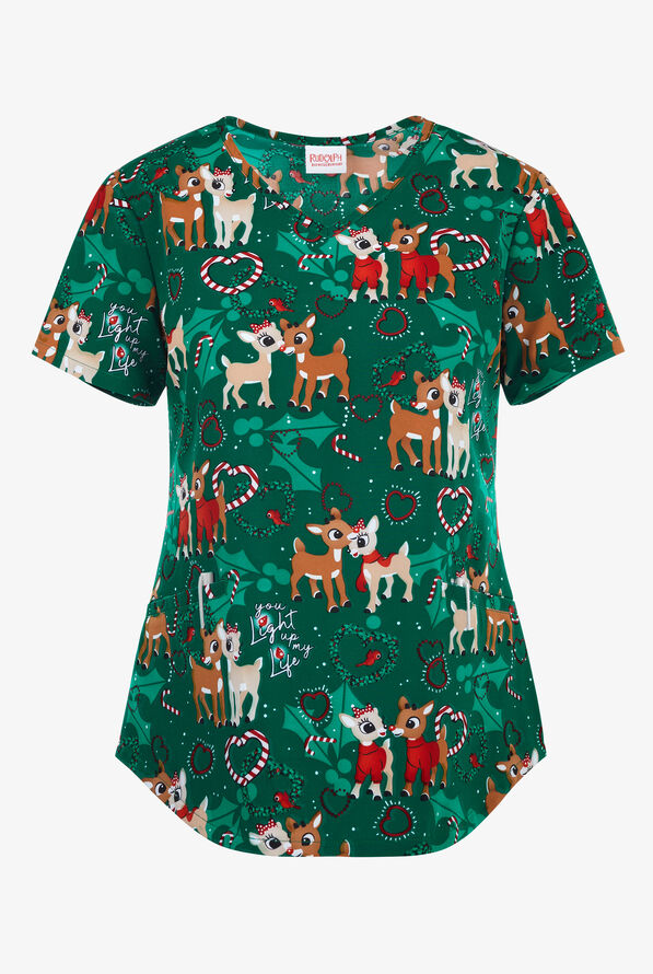 Tooniforms Rudolf You Light Up Women's 2-Pocket STRETCH V-Neck Print Scrub Top - null - 1