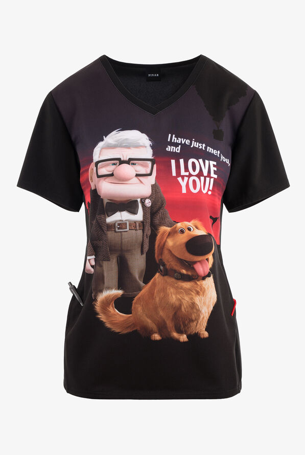 Tooniforms Pixar's Dug The Dog Women's 1-Pocket STRETCH V-Neck  Print Scrub Top - null - 1