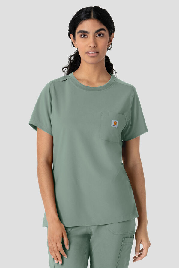 Carhartt Cross-Flex Force Women's 1-Pocket STRETCH Knit Trim Crew Neck Scrub Top - Green Slate - 2