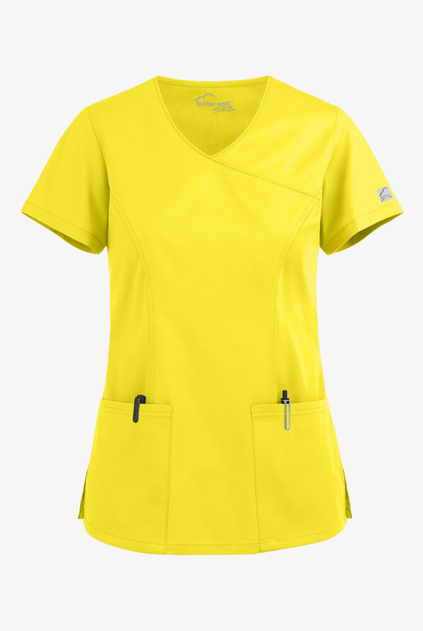 Butter-Soft STRETCH Women's 3-Pocket V-Neck Mock Wrap Scrub Top - Bright Daffodil - 1