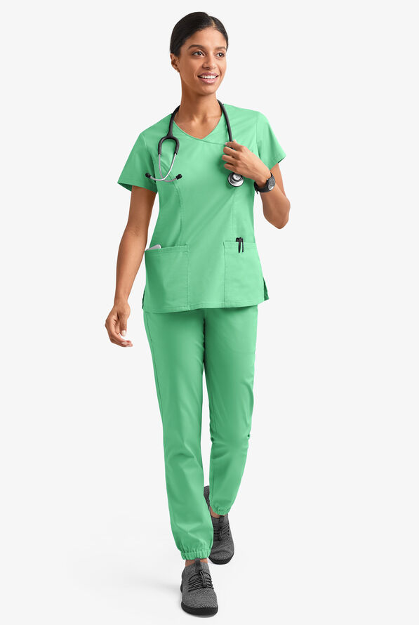Blusa m&eacute;dica UA Butter-Soft STRETCH estilo cruzado con cuello en V y 3 bolsillos para mujer - Green Jade - 6