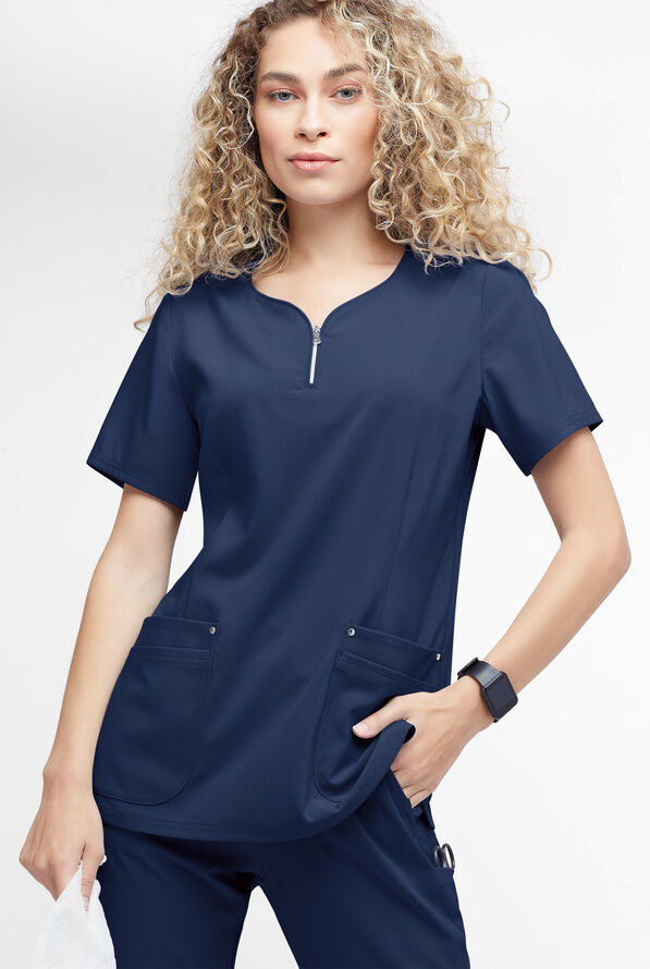 Easy STRETCH Arianna Women's 4-Pocket Curved Neck Scrub Top - Navy - 2