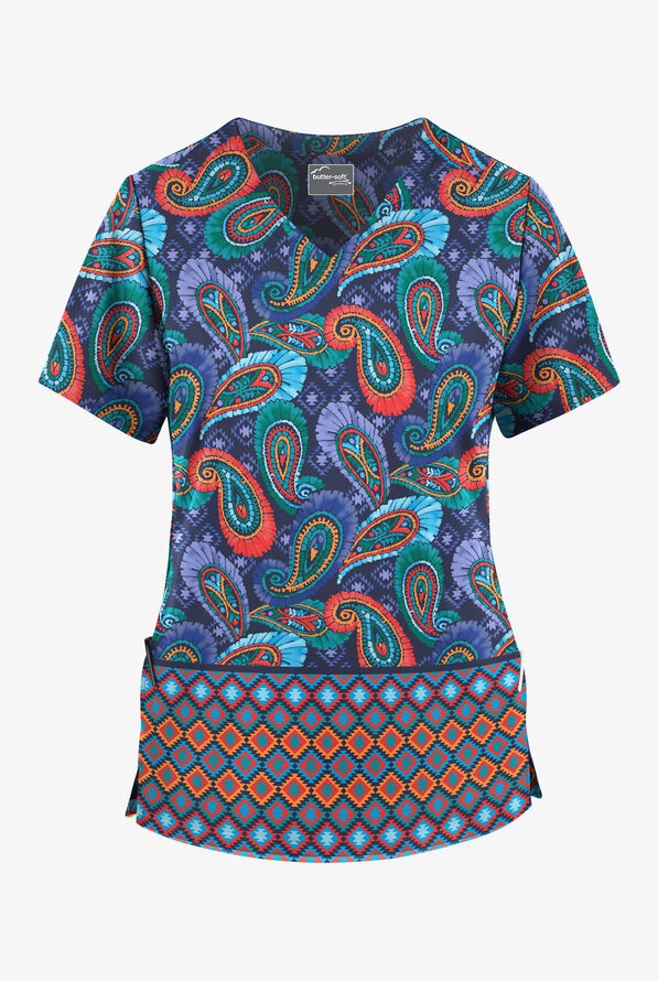 Butter-Soft STRETCH Paisley Delight Navy Women's 2-Pocket V-Neck Print Scrub Top - null - 1