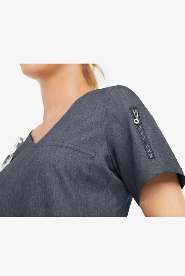 Blusa médica MOVEMENT by Butter-Soft Capella estilo cruzado con 5 bolsillos para mujer - Indigo Heather - 7