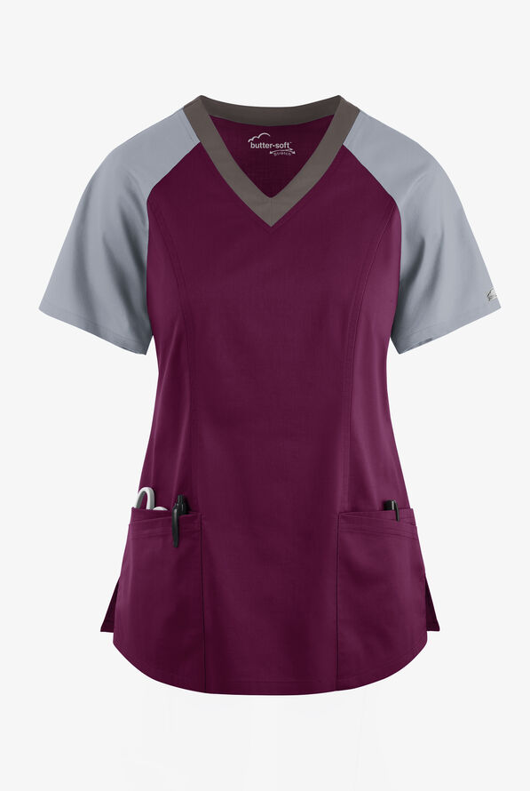 Blusa médica UA Butter-Soft STRETCH Active con bloques de color y 5 bolsillos para mujer - Wine/Silver/Cool Grey - 1