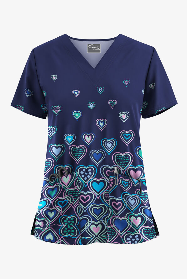 Blusa médica estampada Butter-Soft STRETCH Bright Hearts Navy con cuello en V y 2 bolsillos para mujer - null - 1