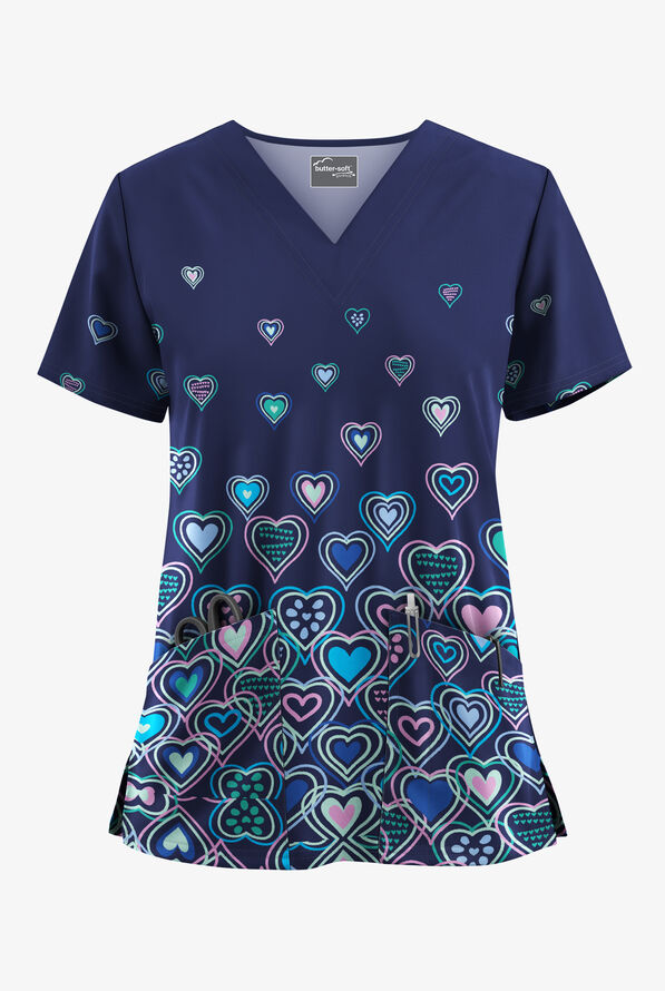 UA Butter-Soft STRETCH Bright Hearts Navy Women's 2-Pocket V-Neck Print ...