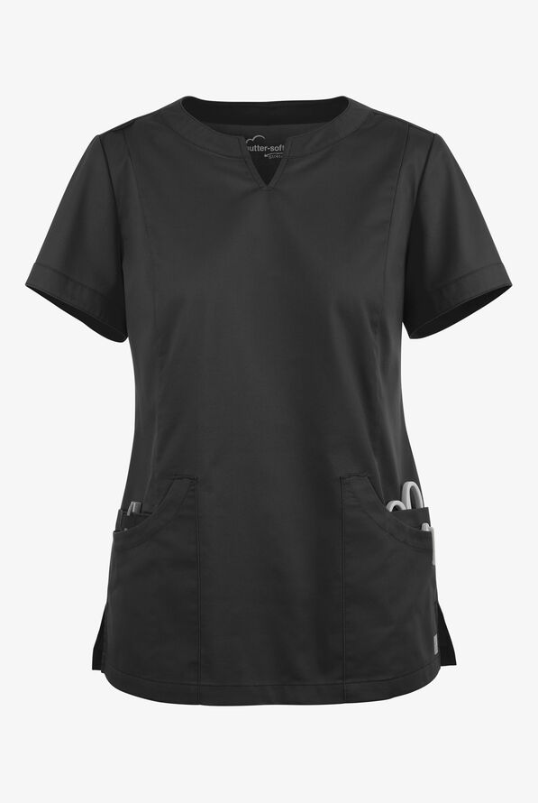Butter-Soft STRETCH Women's 4-Pocket Notch Neck Scrub Top - Black - 1