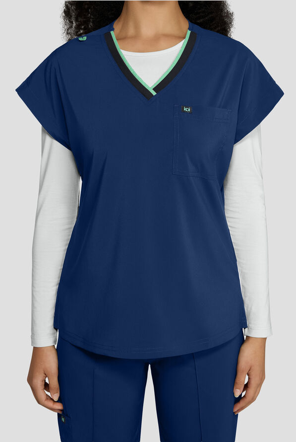 koi Basics Mckenna Women's 1-Pocket STRETCH V-Neck Dolman Sleeve Scrub Top - Navy/Jelly Mint - 3