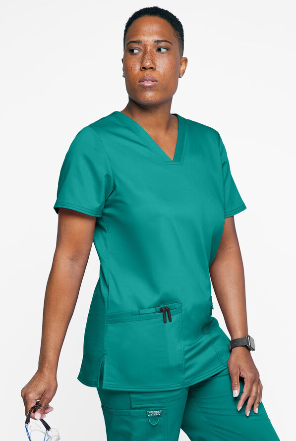 Cherokee Workwear Revolution Women's 3-Pocket STRETCH V-Neck Scrub Top - Teal - 2