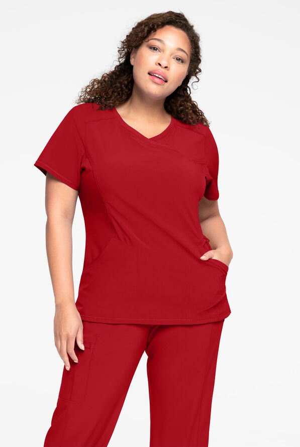 Infinity Women's 4-Pocket STRETCH Mock Wrap Scrub Top - Red - 2