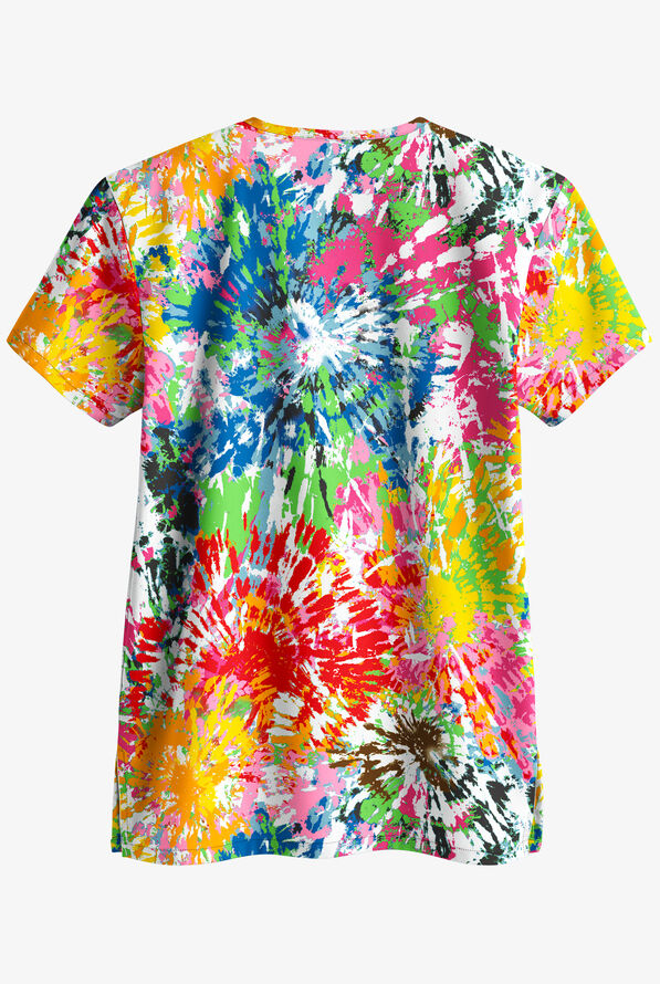 Butter-Soft Rainbow White Tie-Dye Unisex 1-Pocket V-Neck Print Scrub Top - null - 2