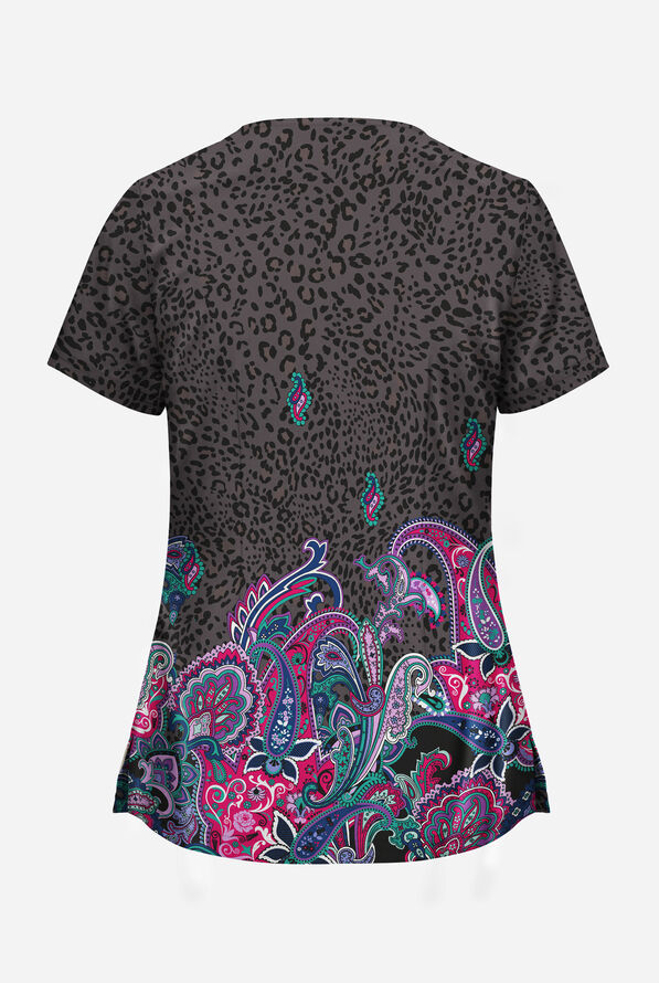 Butter-Soft STRETCH Jungle Paisley Pewter Women's 2-Angled Welt Pocket V-Neck Print Scrub Top - null - 2