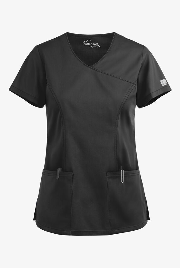 Butter-Soft STRETCH Women's 3-Pocket V-Neck Mock Wrap Scrub Top - Black - 1
