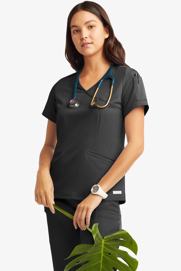 Butter-Soft Women's 5-Pockets Faux Wrap Scrub Top **Slightly IRREGULAR** - Black - 6