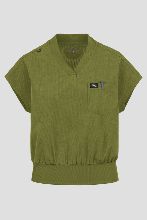 koi Solis Trinity Women's 1-Pocket STRETCH Banded Bottom Split V-Neck Scrub Top - Martini Olive - 1