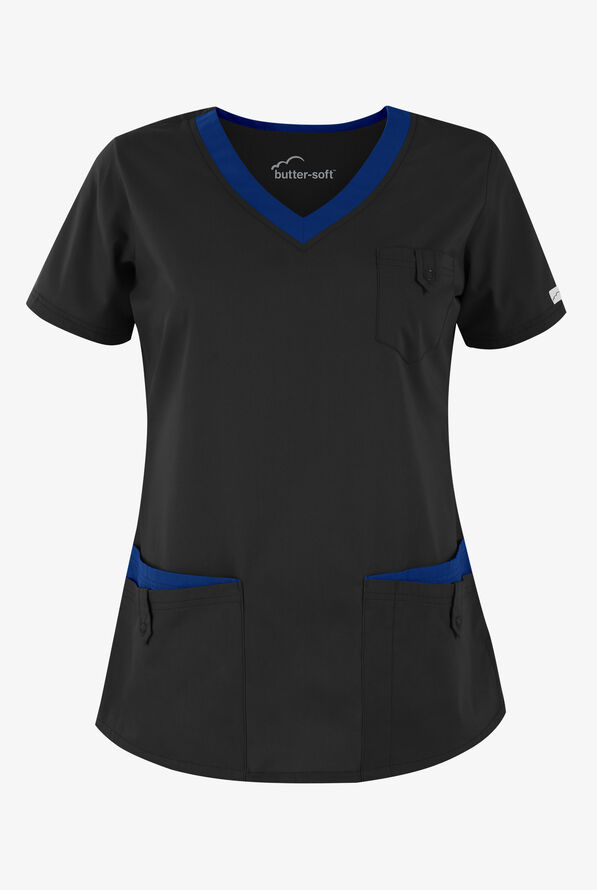 Butter-Soft Core Women's 5-Pocket Rounded V-Neck Scrub Top - Black/Galaxy - 1