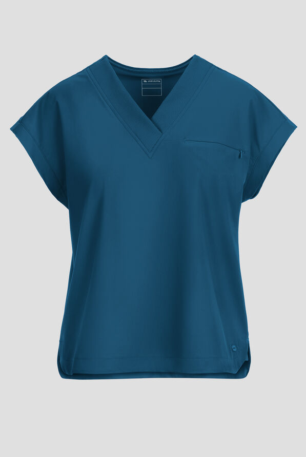 Blusa m&eacute;dica Infinity Pursuit STRETCH con cuello en V de punto acanalado y 1 bolsillo para mujer - Caribbean Blue - 1
