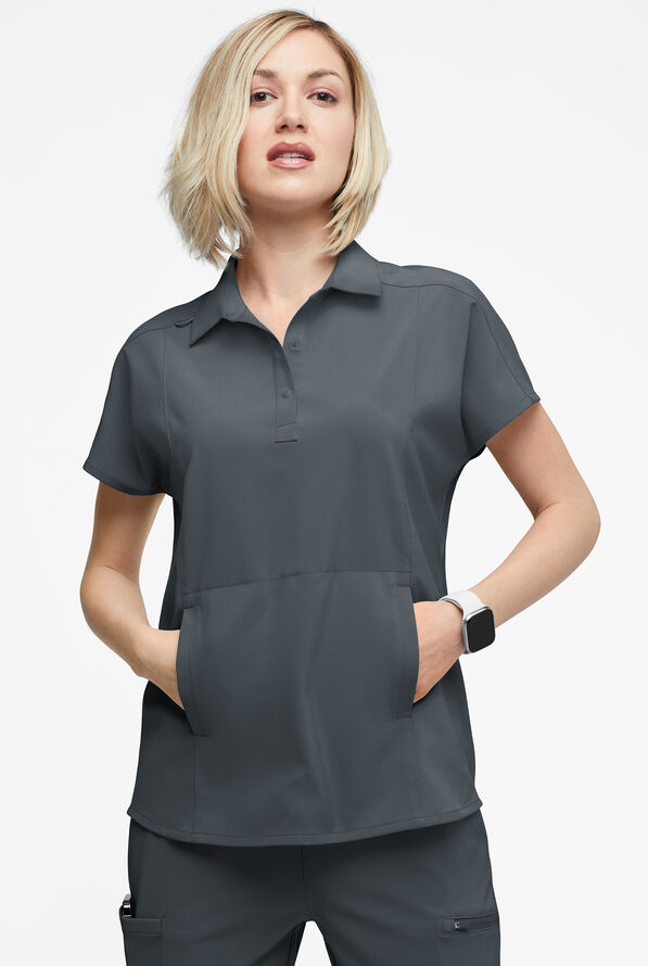 Easy STRETCH LEA Women's 3-Pocket Polo Collar Scrub Top - Pewter - 2
