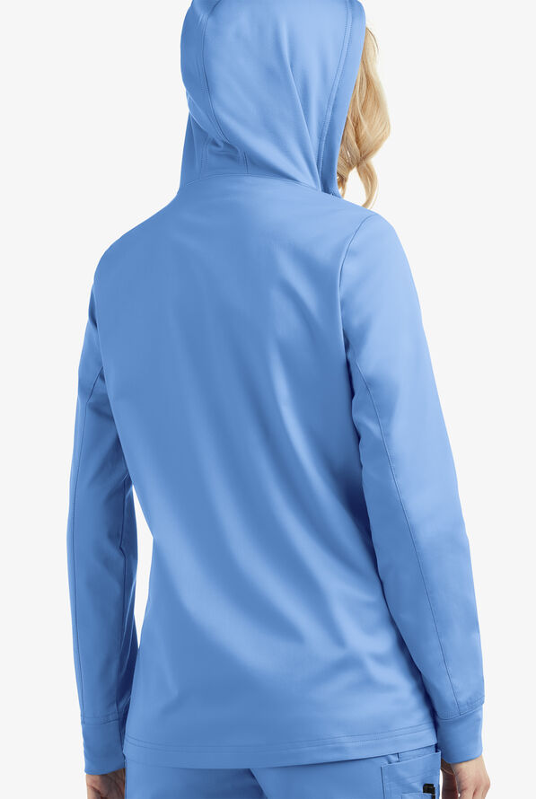 Butter-Soft STRETCH Women's 3-Pocket Zip-Front with Cozy Knit Hood and Trim Scrub Jacket - Ceil Blue - 4