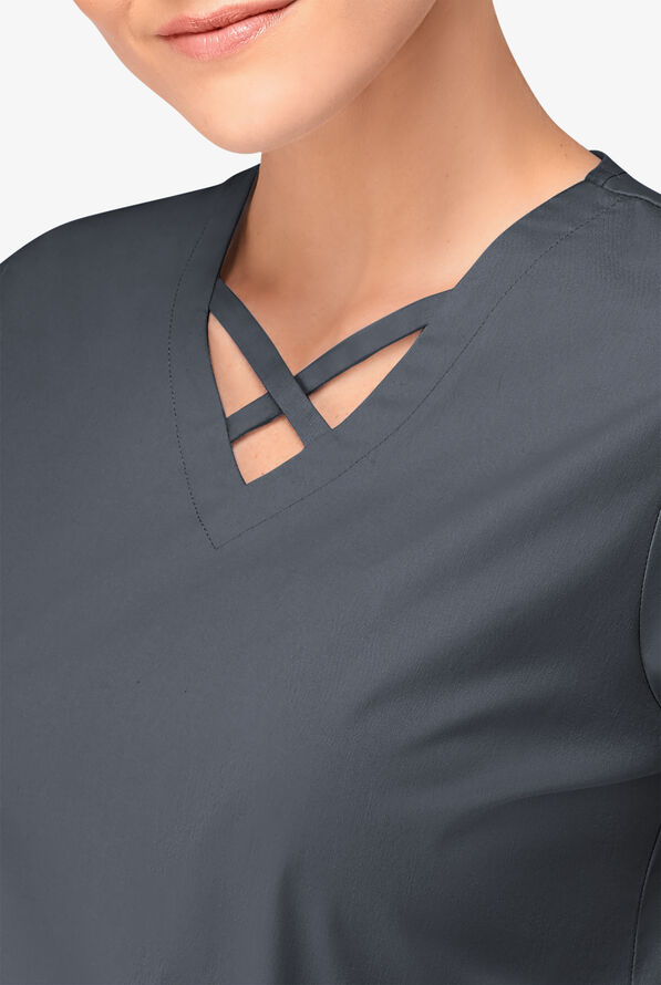 Blusa m&eacute;dica UA Butter-Soft STRETCH con lazos entrecruzados y 4 bolsillos para mujer - Pewter - 3