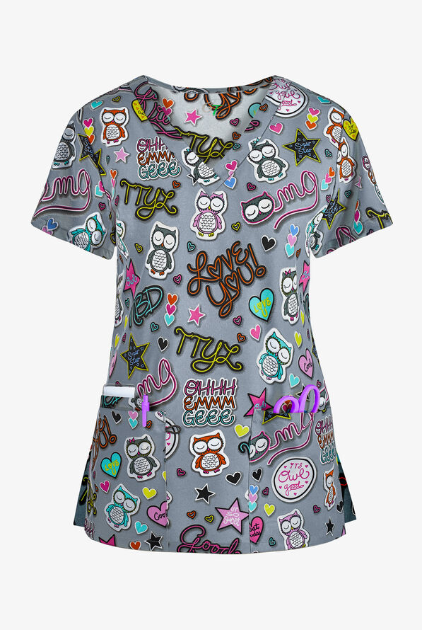 Green Town OMG Owl V-Neck Print Scrub Top - null - 1