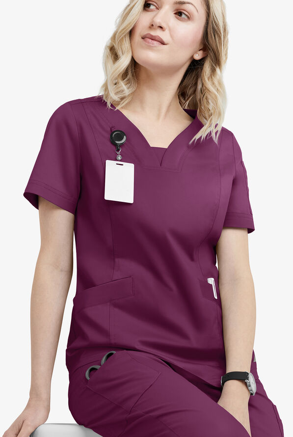 Butter-Soft STRETCH Women's 4-Pocket Feminine Curved V-Neck Scrub Top - Wine - 4
