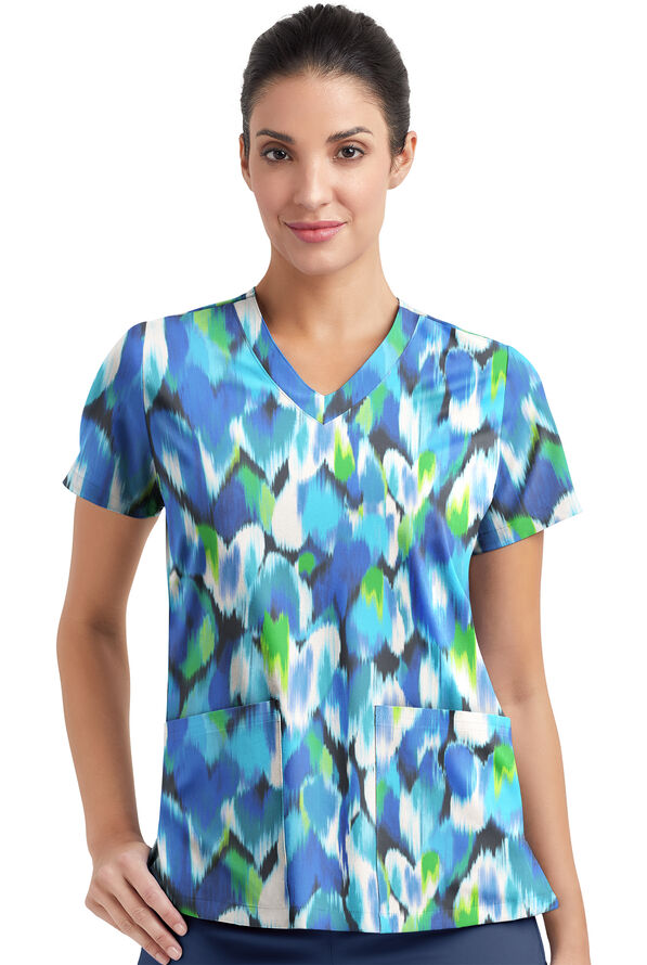 Tafford Active STRETCH Love Garden Pewter Women's 2-Pocket Mitered V-Neck Print Scrub Top - null - 2