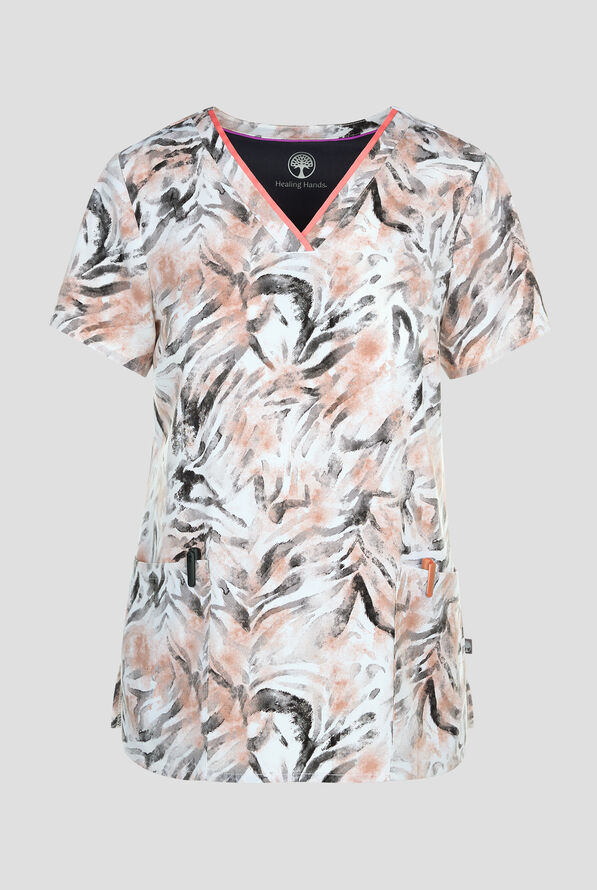 Healing Hands Serene Safari Women's 3-Pocket STRETCH V-Neck Print Scrub Top - null - 1