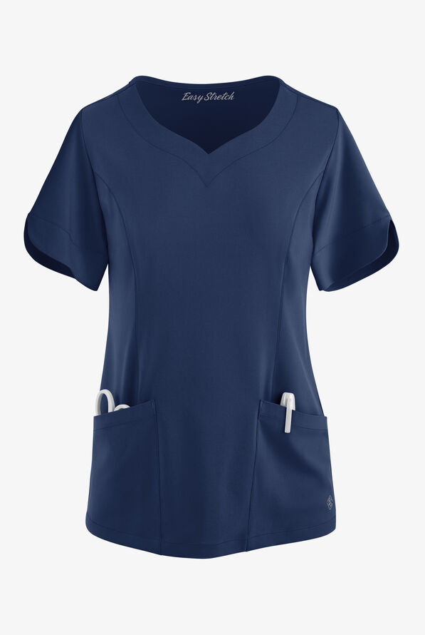 Easy STRETCH Aisha Women's 2-Pocket Sweetheart Neckline Scrub Top - Navy - 1