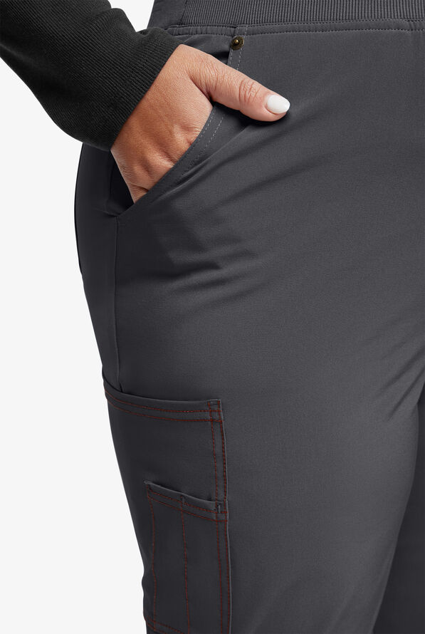 Dickies Riveting Women's 6-Pocket STRETCH Rib-Knit Waist Contrast Stitching Cargo Scrub Pants - Pewter - 3