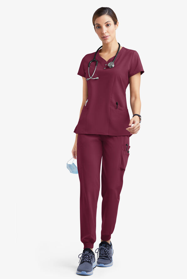 Easy STRETCH Demi Women's 4-Pocket Henley Scrub Top - Wine - 2