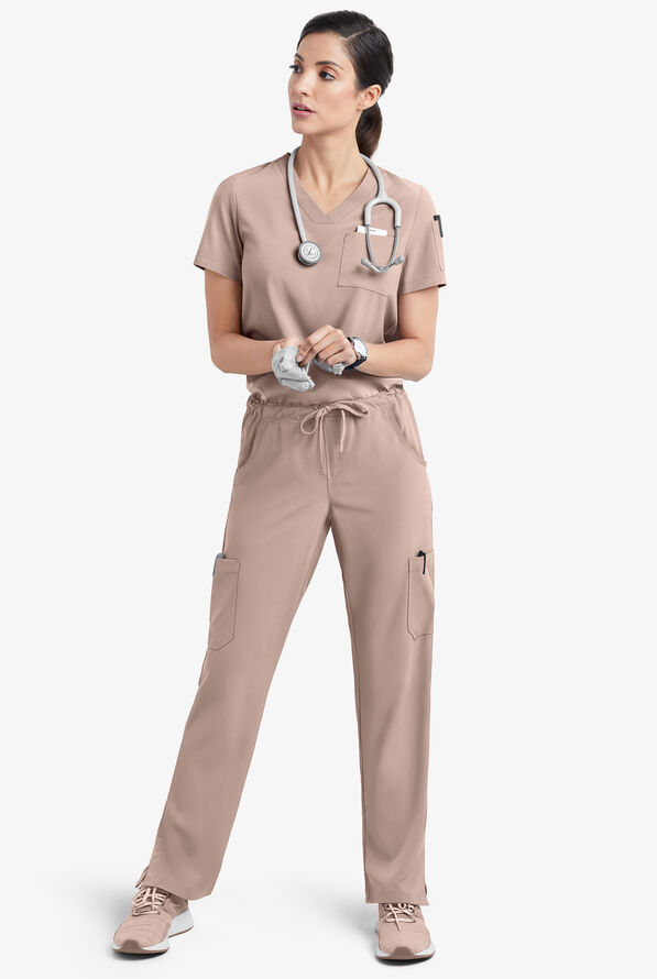 Easy STRETCH Chloe Women's 3-Pocket V-Neck Tuck-In Scrub Top - Mocha Meringue - 2