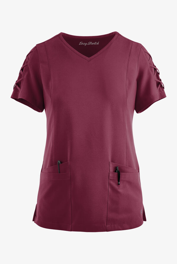 Easy STRETCH Kylie Woman's 5 Pocket V-Neck With Criss-Cross Detail Scrub Top - Wine - 1