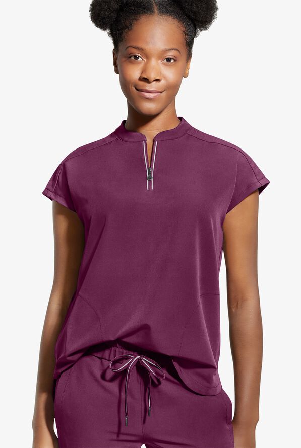 Healing Hands 360 Sandy Women's 2-Pocket STRETCH Dolman Sleeve Zip Mandarin Collar Scrub Top - Wine - 2