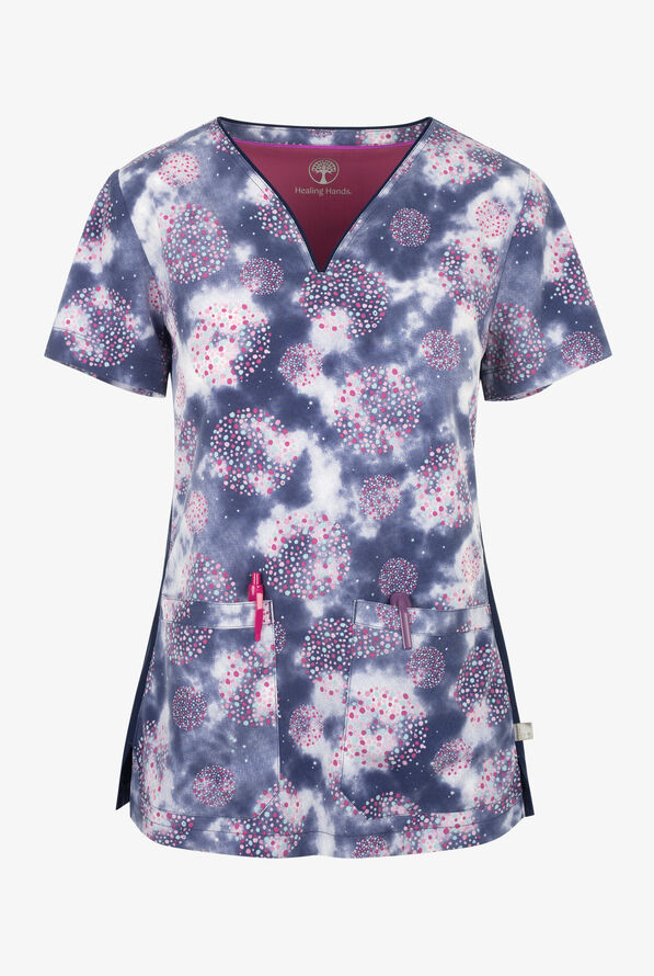 Healing Hands Fantastical Dots Women's 3-Pocket STRETCH V-Neck Print Scrub Top - null - 1