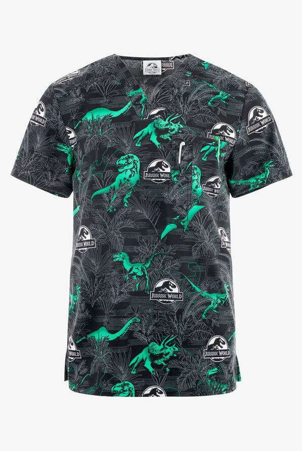 Tooniforms Jurassic Stomper Dinosaurs Unisex 1-Pocket STRETCH V-Neck Print Scrub Top - null - 1