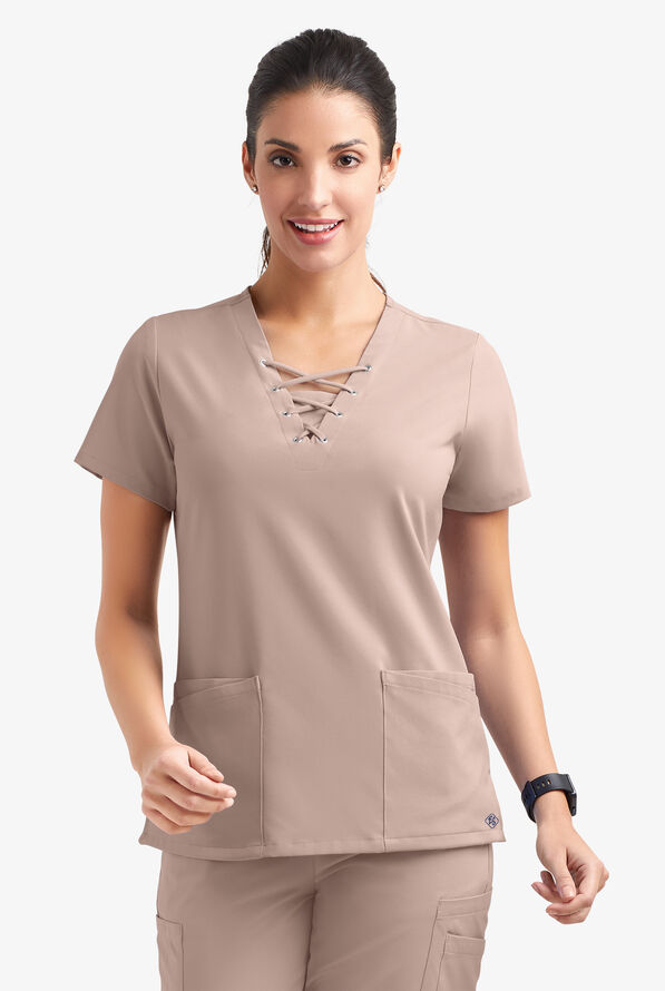 Easy STRETCH Gisele Women's 4-Pocket Lace Up V-Neck Scrub Top - Mocha Meringue - 2