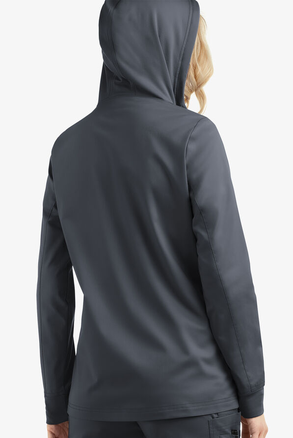 Butter-Soft STRETCH Women's 3-Pocket Zip-Front with Cozy Knit Hood and Trim Scrub Jacket - Pewter - 4
