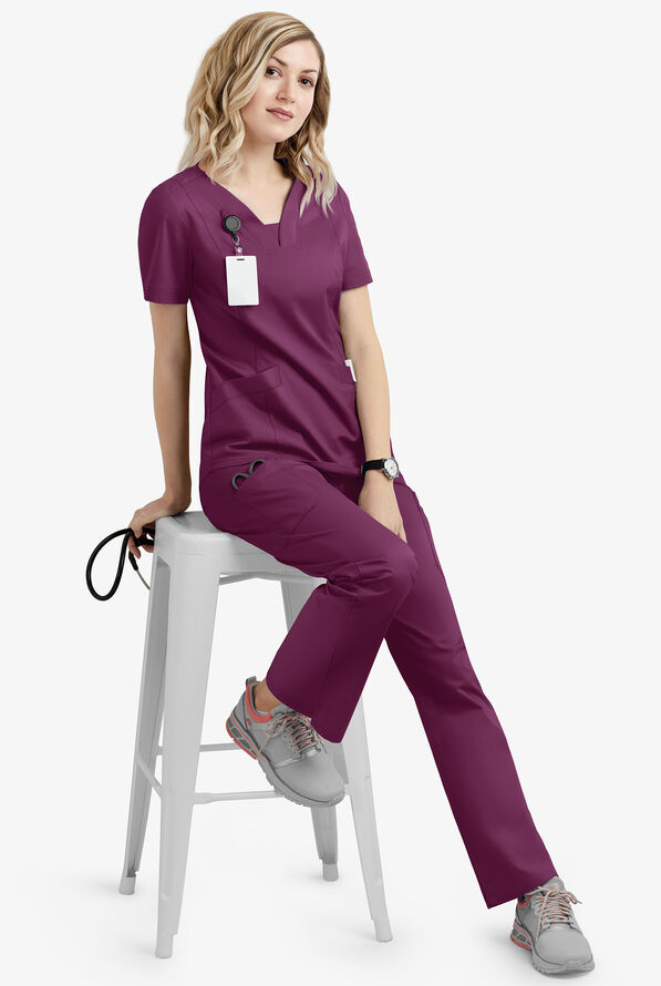 Butter-Soft STRETCH Women's 4-Pocket Feminine Curved V-Neck Scrub Top - Wine - 2