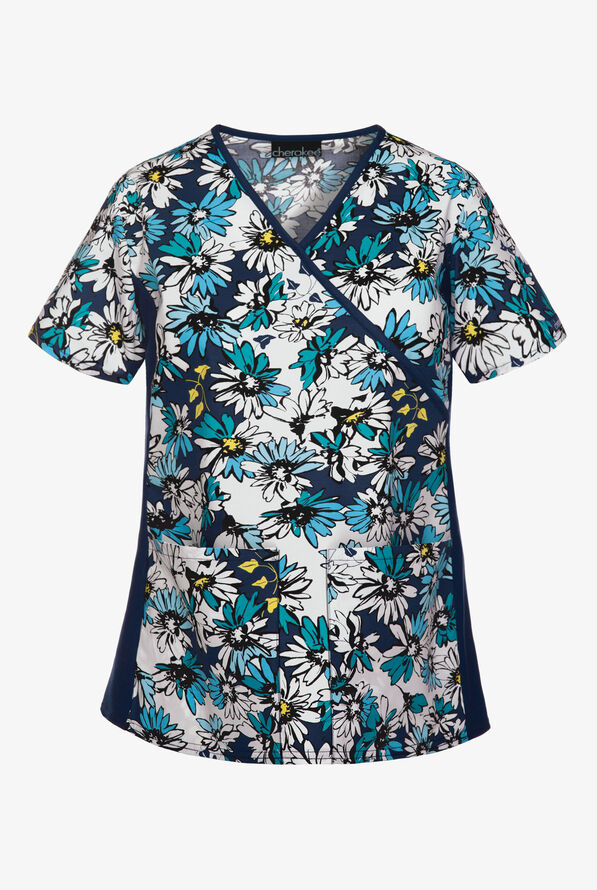 Cherokee Flexibles Bold Blooms Mock Wrap Scrub Top, Floral Scrubs