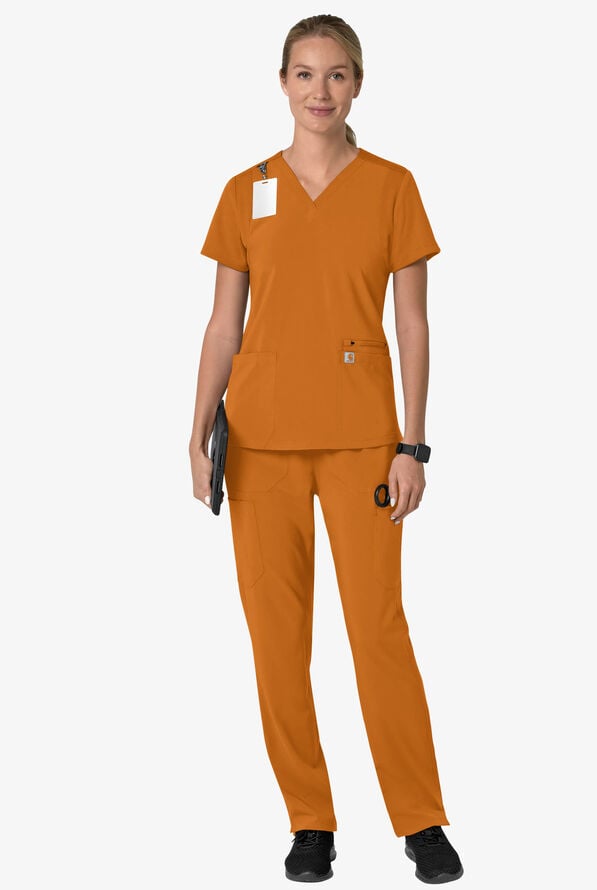 Carhartt Cross-Flex Force Women's 3-Pocket STRETCH Knit Panel Scrub Top - Fox Brown - 4