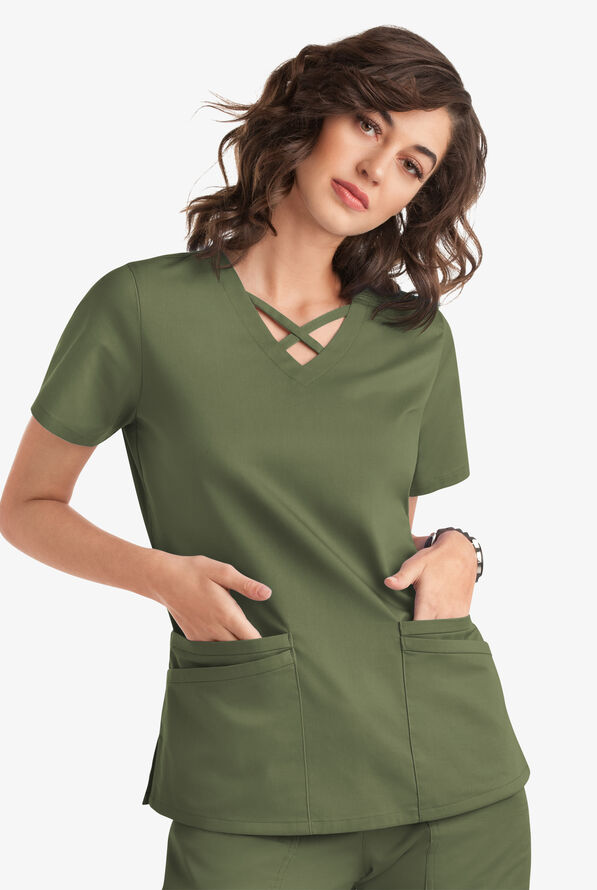 Blusa m&eacute;dica UA Butter-Soft STRETCH con lazos entrecruzados y 4 bolsillos para mujer - Light Olive - 5