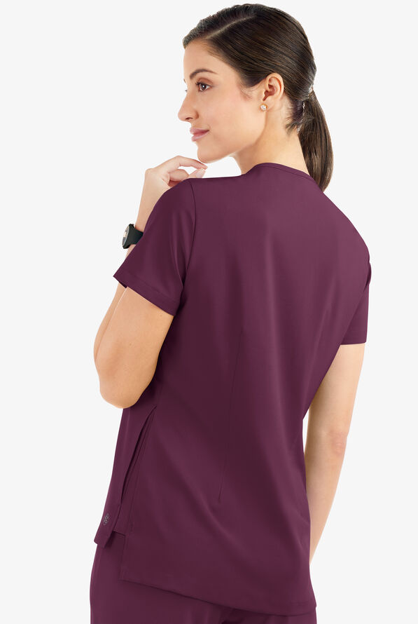 Easy STRETCH Taylor Women's 3-Pocket High Low Hem V-Neck Scrub Top - Dark Mulberry - 3