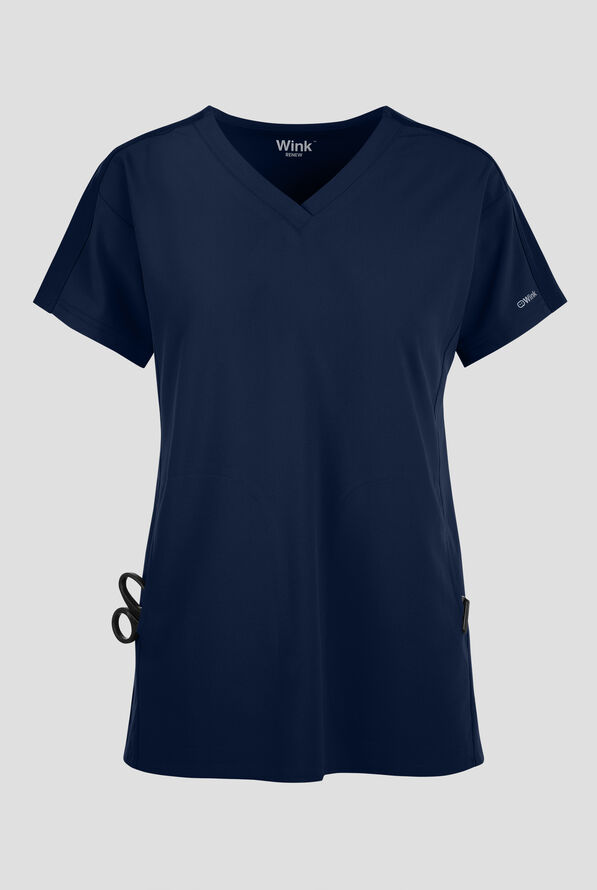Wink Renew Women's 2-Pocket STRETCH Knit-Trim Dolman Tunic V-Neck Scrub Top - Navy - 1
