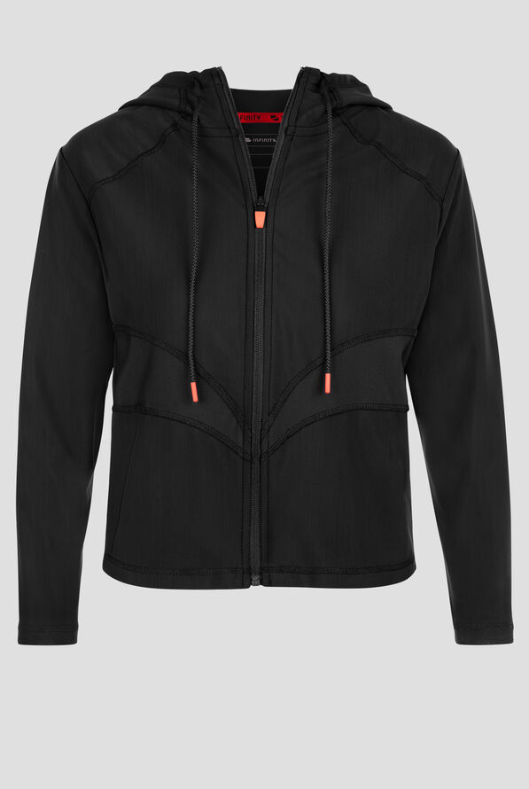 Infinity GNR8 Kinetic Knit Women's 2-Pocket STRETCH Mesh Crop Zip Front Hoodie Scrub Jacket - Black - 1
